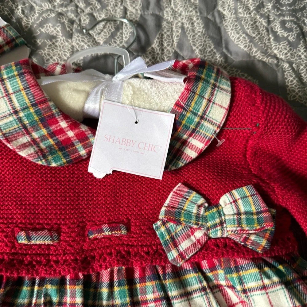 Shabby Chic Infant Holiday Red Plaid Dress with Bow and Tights. NWT 6-9 M
